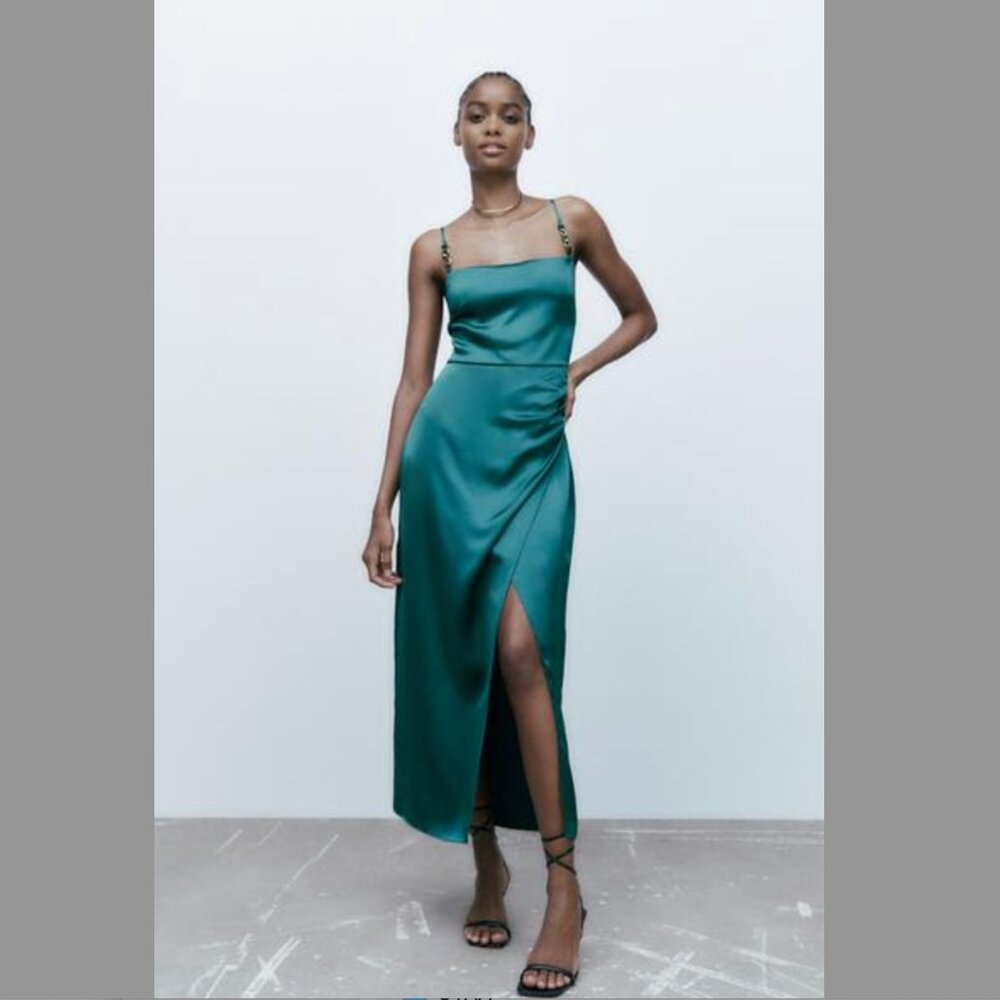 Zara Emerald Green Satin Slip Dress with Chain Straps – Size XS
